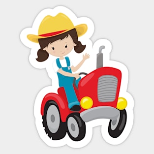 Farm Girl, Cute Girl, Brown Hair, Farmer, Tractor Sticker